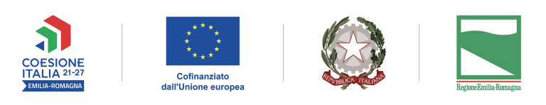 Logos von Coesione Italia 21-27 Emilia-Romagna, EU-Kofinanzierung, italienischer Republik und Emilia-Romagna Region.