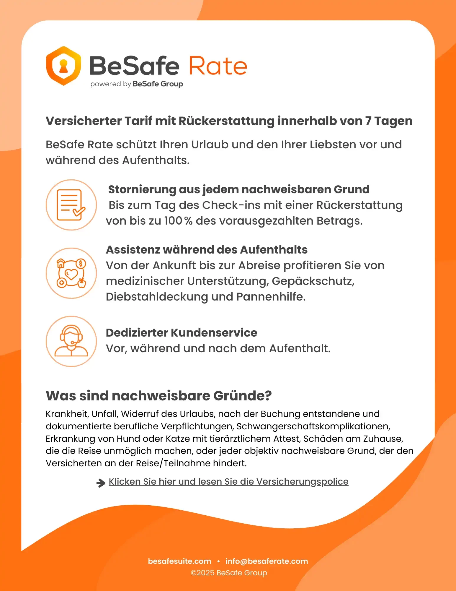 Das Bild zeigt Informationen über den BeSafe Rate Tarif mit Rückerstattung und Unterstützung während des Aufenthalts.