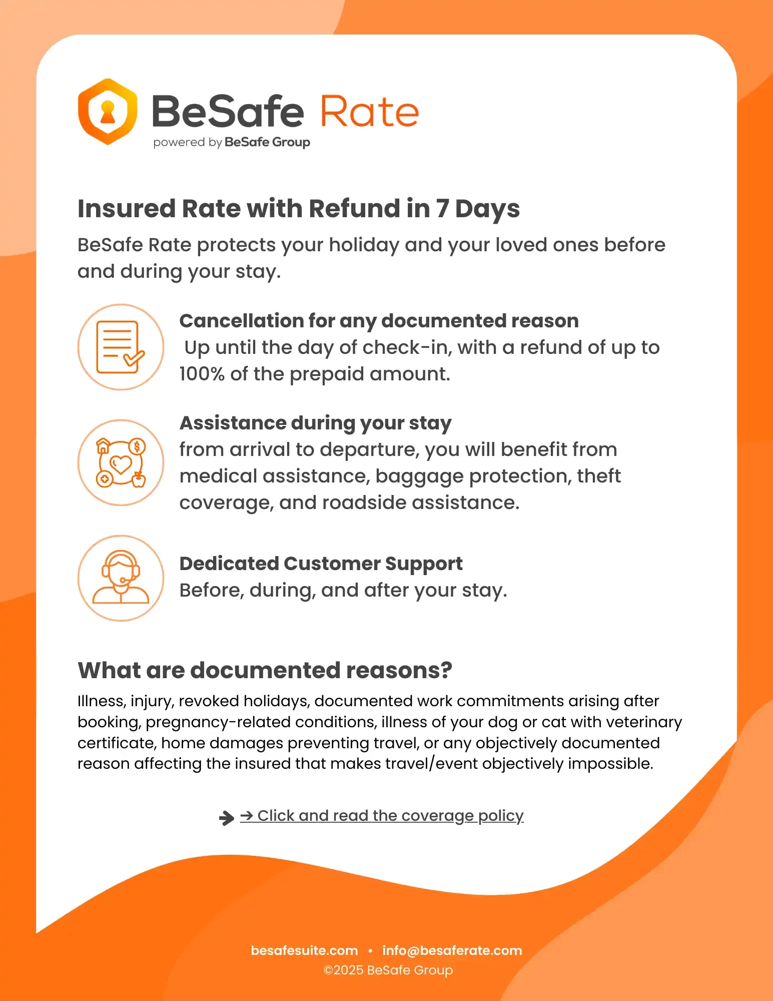 This image is an advertisement for BeSafe Rate insurance, highlighting refund options, assistance during stay, and customer support for travel coverage.