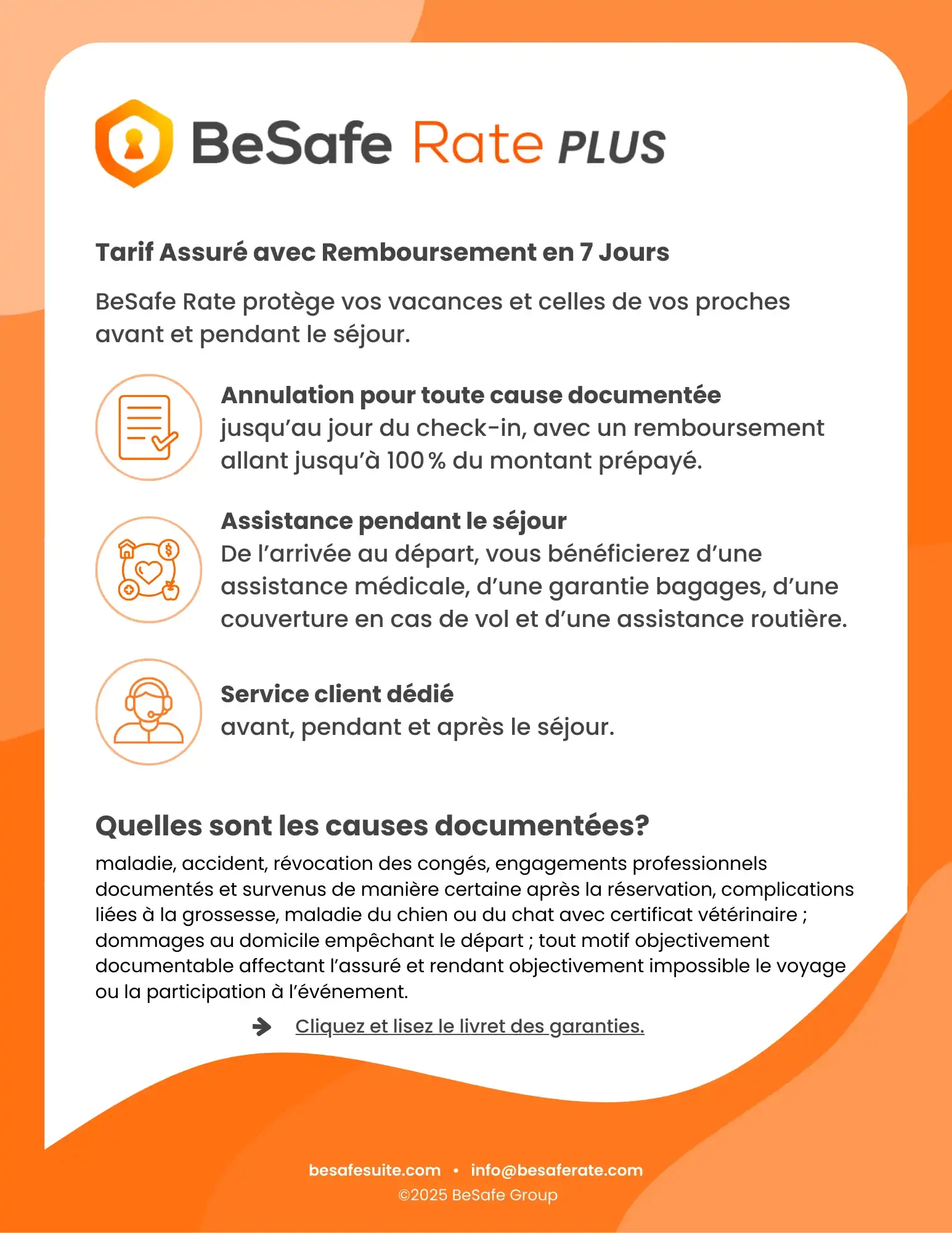 Brochure de BeSafe Rate PLUS détaillant une assurance de voyage avec annulation, assistance, et service client dédié.