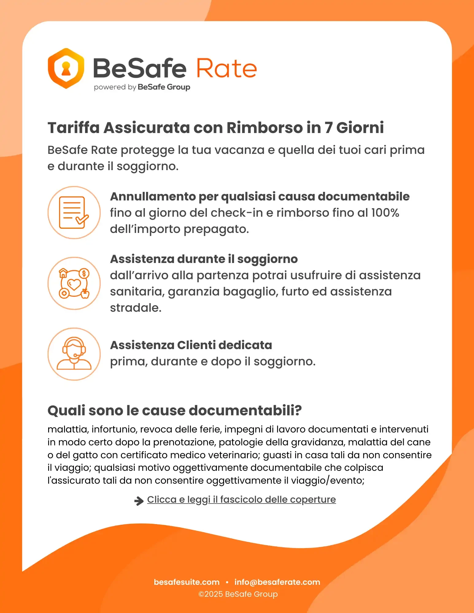 Grafica informativa sulla "Tariffa Assicurata con Rimborso in 7 Giorni" di BeSafe Rate, con dettagli su assistenza e cause documentabili.