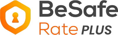 Das Bild zeigt das Logo von "BeSafe Rate" mit einem orangefarbenen Schildsymbol.